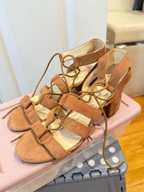 Nine West Suede Lace-Up Block Heel Sandals in Tan